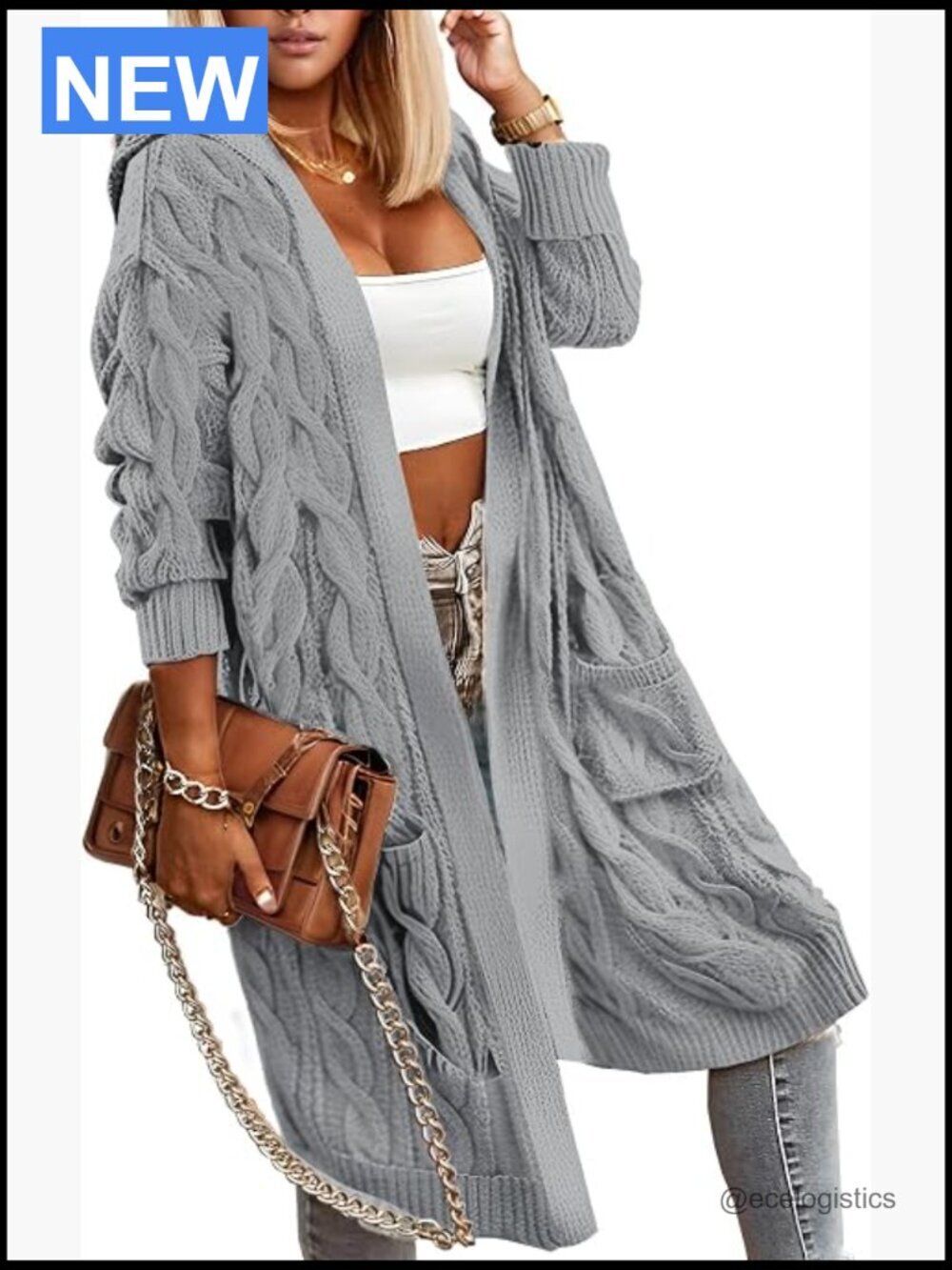 Oversized Cable Knit Hooded Cardigan Sweater with Pockets Long Open Front